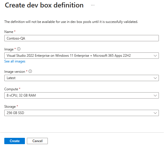 Screenshot showing the Create dev box definition page.