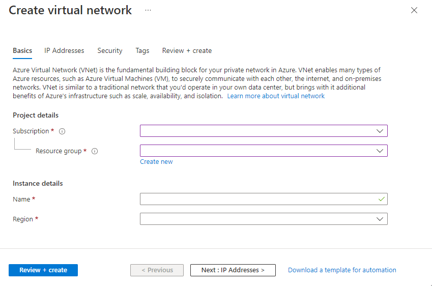 Screenshot that shows the Basics tab on the pane for creating a virtual network in the Azure portal.