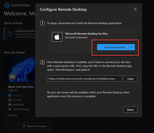 Screenshot of the non-Windows Remote Desktop client download option on the Configure Remote Desktop dialog.