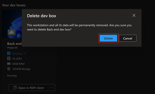Screenshot of the Delete dev box confirmation message with the Delete button highlighted.