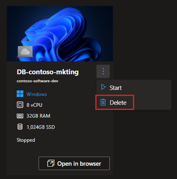 Screenshot of the dev box Settings menu with the Delete option highlighted.