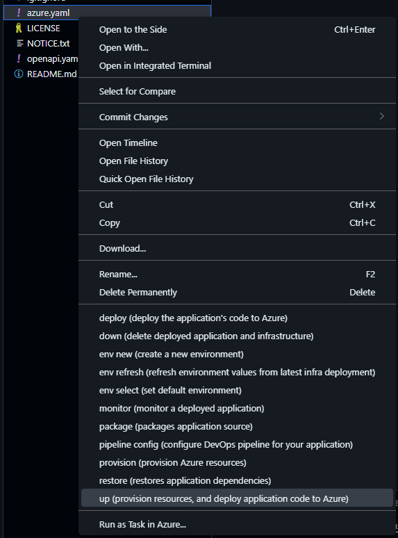Screenshot showing the azure.yaml menu option for running azd up.