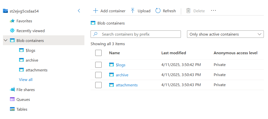 A screenshot showing the created blob containers.