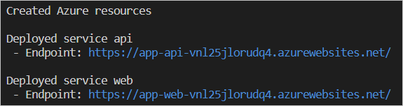 Screenshot of command output listing endpoint URLs.