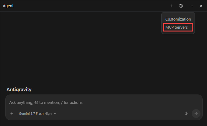 A screenshot showing how to add an MCP Server in the Antigravity agent panel.