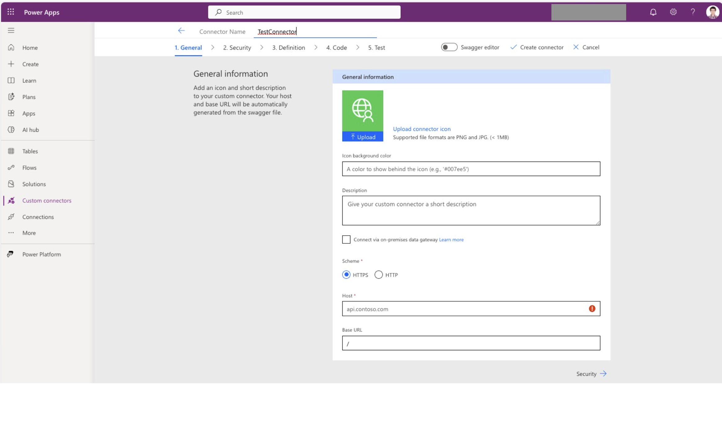 Screenshot of the custom connector General tab showing name, description, scheme set to HTTPS, and host field populated with a container app URL.
