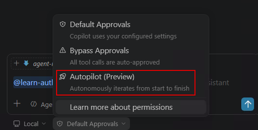 Screenshot of GitHub Copilot for Azure agent mode response in Visual Studio Code with the Autopilot approval displayed.