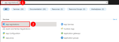 A screenshot showing how to use the top search bar in the Azure portal to find and navigate to the App registrations page.