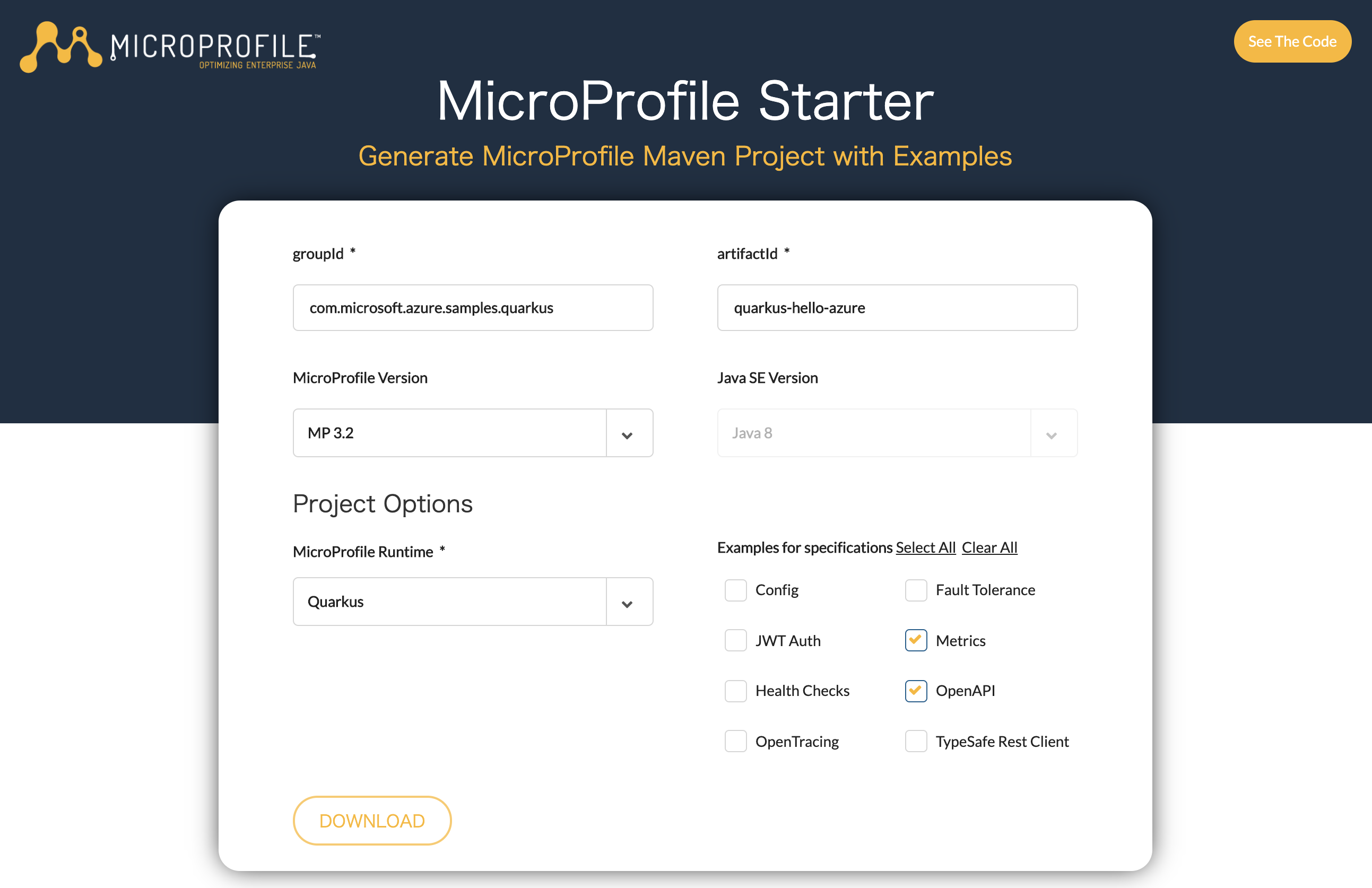 Screenshot showing MicroProfile Starter with Quarkus runtime selected.