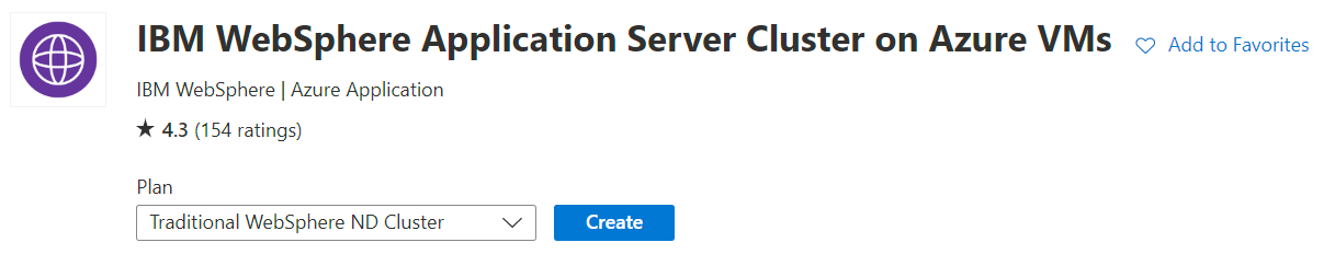 Azure portal screenshot showing IBM WebSphere Application Server Cluster offering.