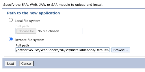Screenshot of IBM WebSphere 'Specify the EAR, WAR, JAR, or SAR module to upload and install' dialog.
