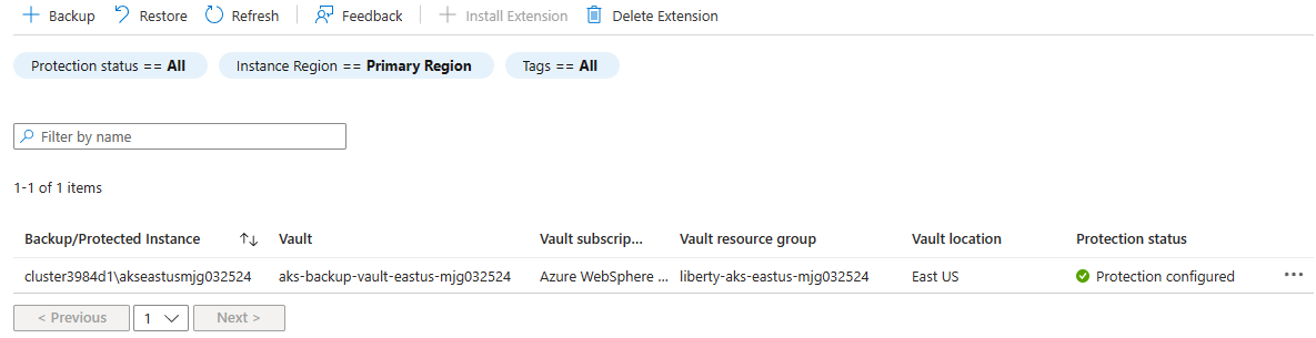 Screenshot of the Azure portal that shows the AKS backup instance protection is configured.