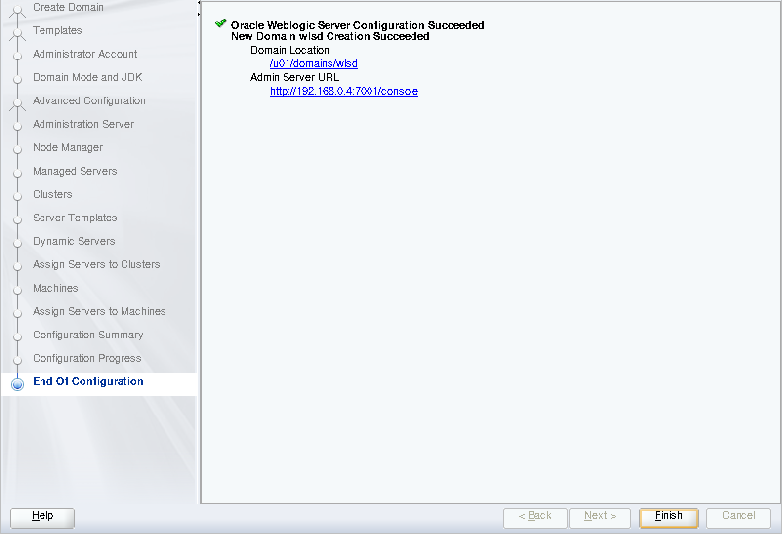 Screenshot of Oracle Configuration Wizard - End.