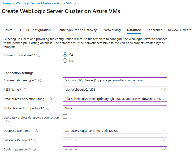 Screenshot of the Azure portal that shows the Oracle WebLogic Server Cluster on Azure VMs Database pane.