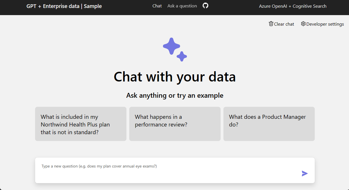 Screenshot of chat app in browser showing several suggestions for chat input and the chat text box to enter a question.