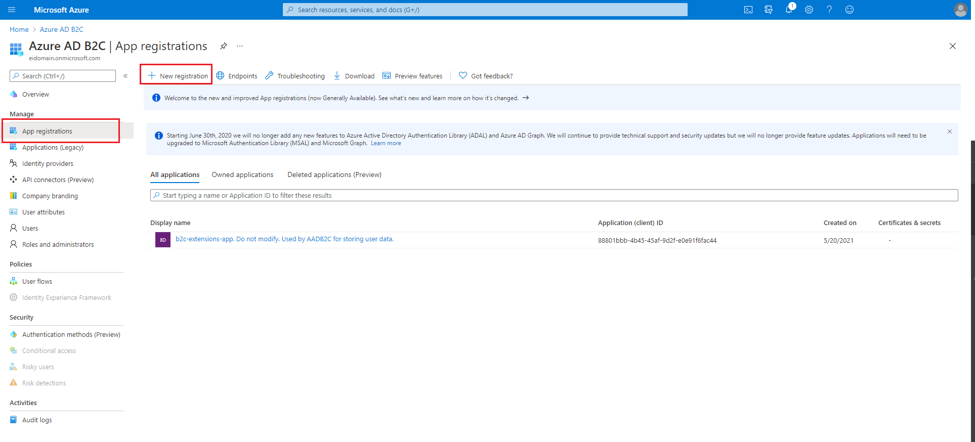 Screenshot of the Azure portal showing the Azure AD B2C App registrations screen.