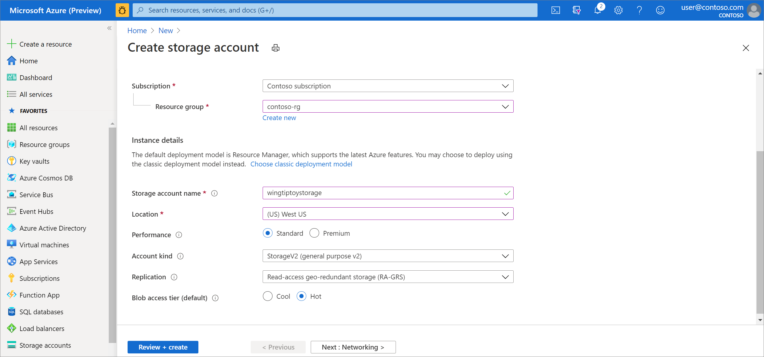 Specify Azure Storage Account options.