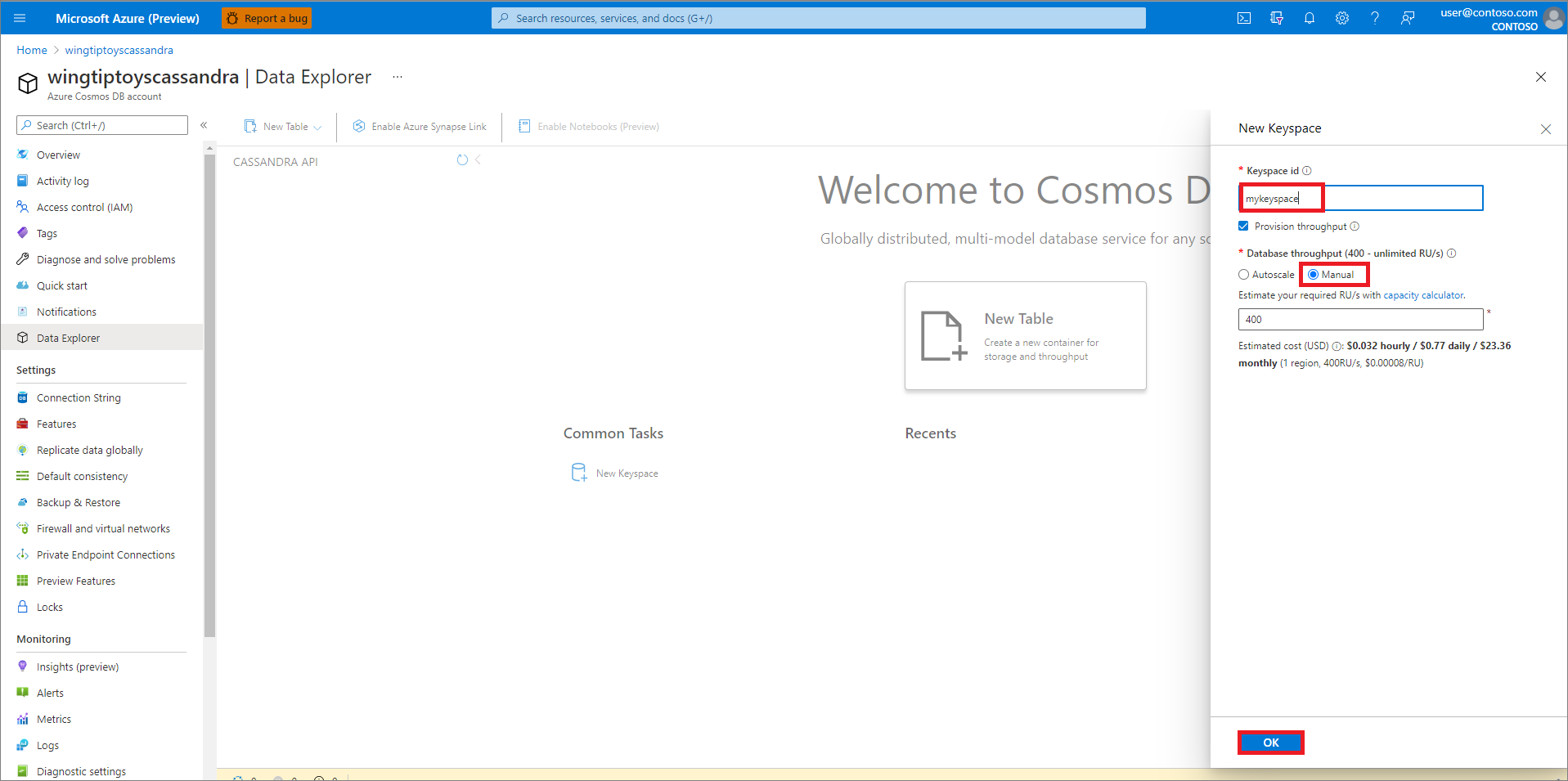 Create an Azure Cosmos DB keyspace.