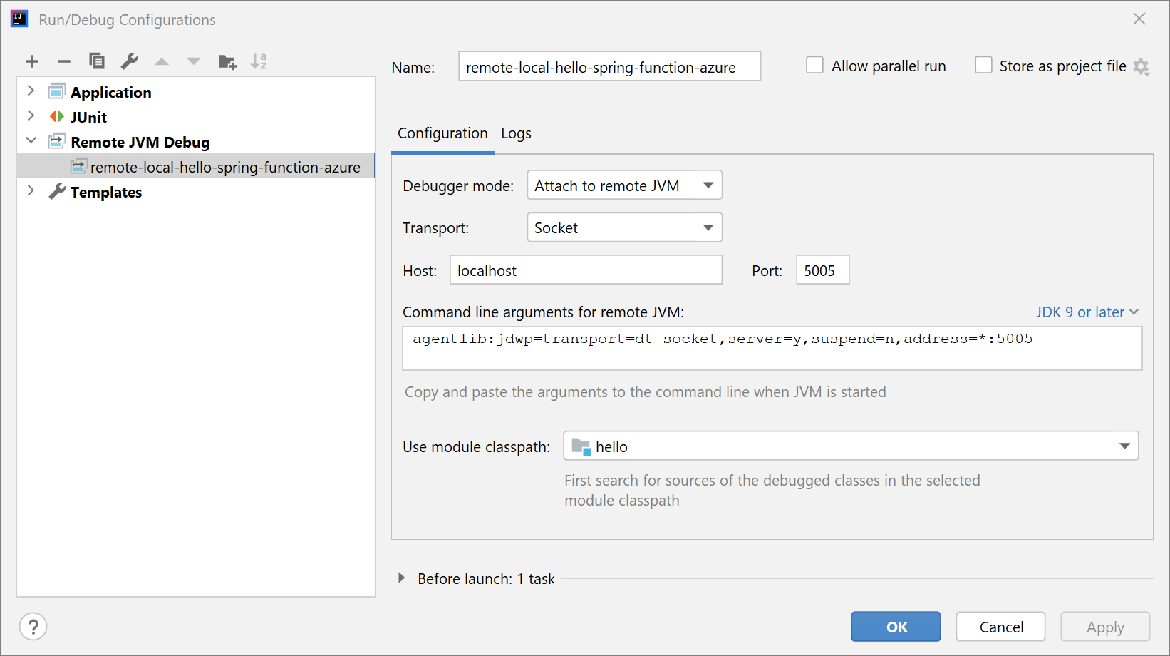 Create a Remote JVM Debug run configuration