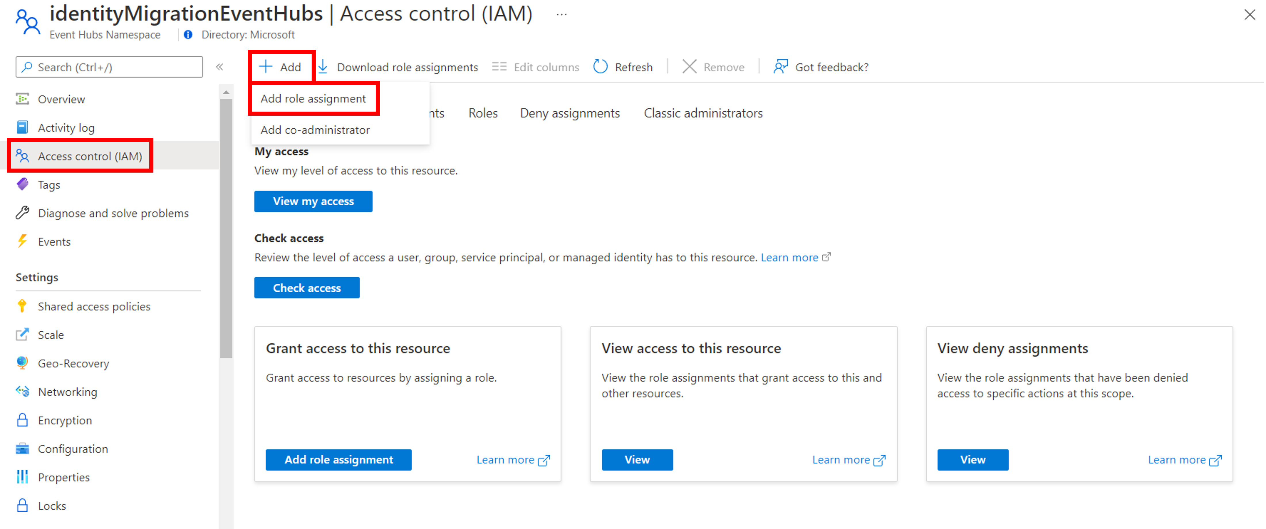 Screenshot of Azure portal Access control (IAM) page of Event Hubs Namespace resource with Add role assignment menu option highlighted.