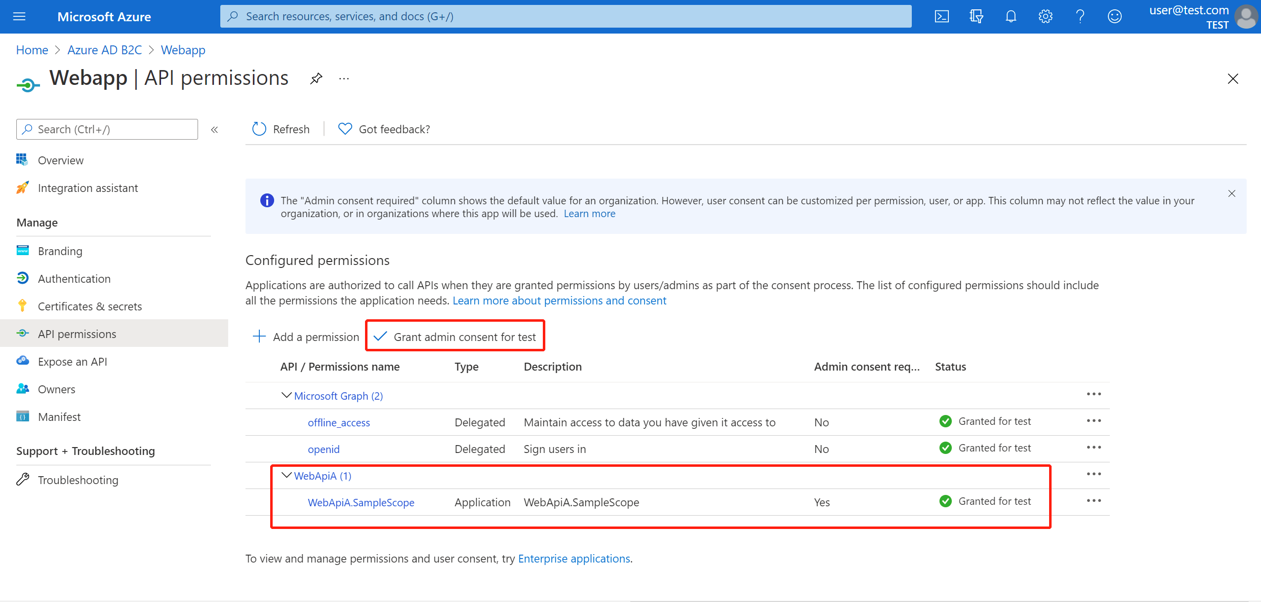 Azure portal screenshot showing application API permissions screen.