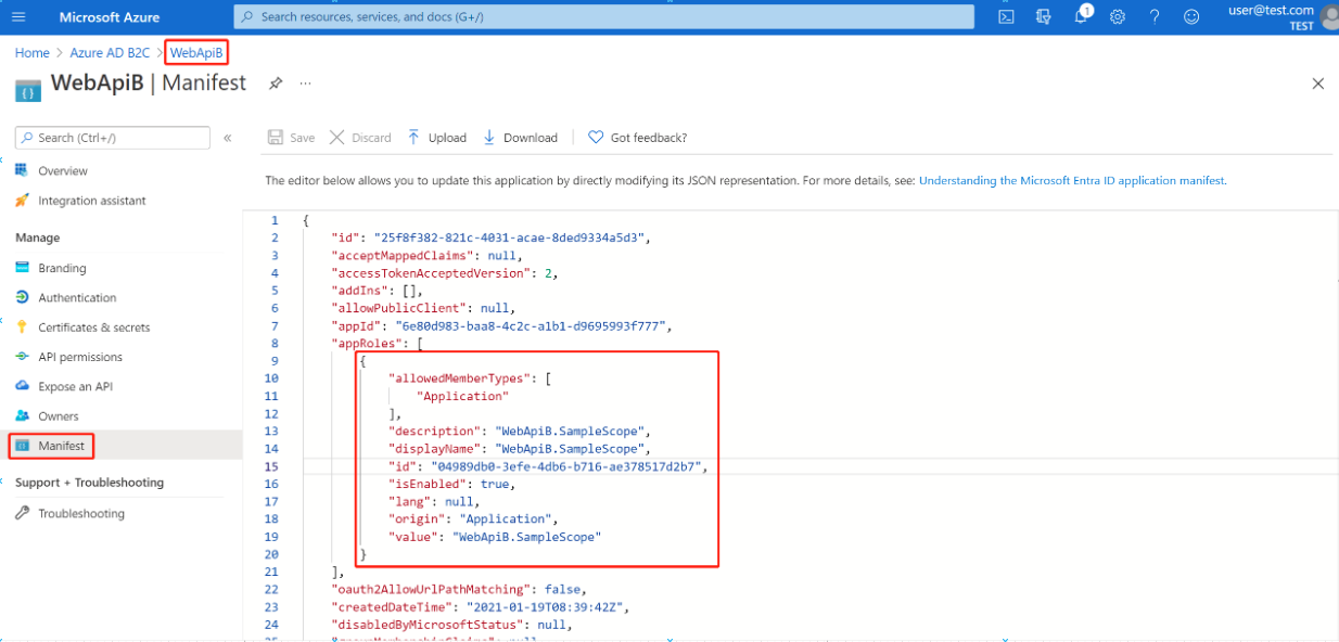 Azure portal screenshot showing application WebApiB manifest screen with `appRoles` JSON highlighted.