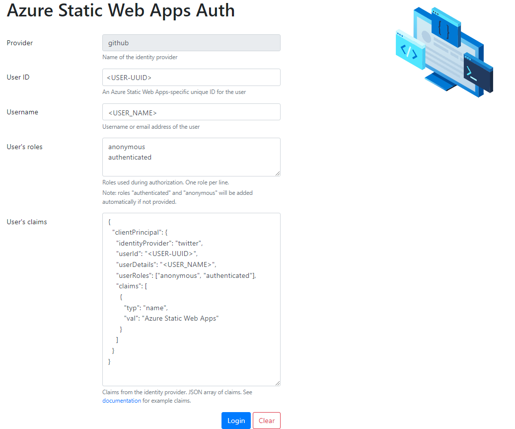 Screenshot of Static Web App CLI displaying mocked social provider login page.