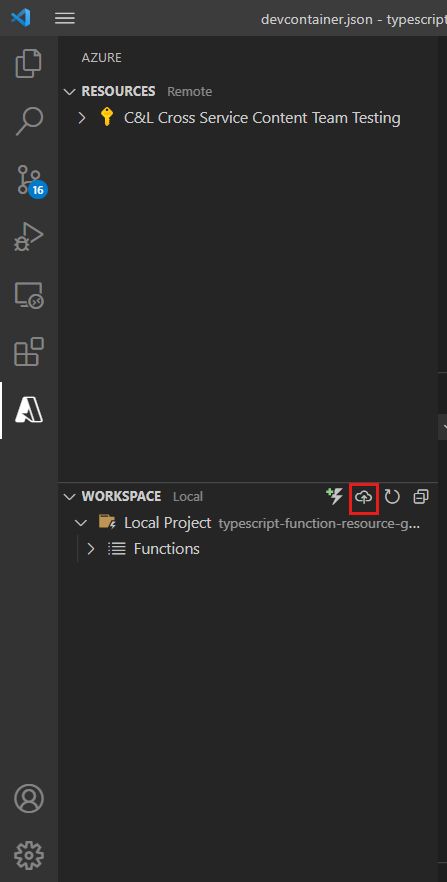 Screenshot of Visual Studio Code's local Workspace area with the cloud deployment icon highlighted.