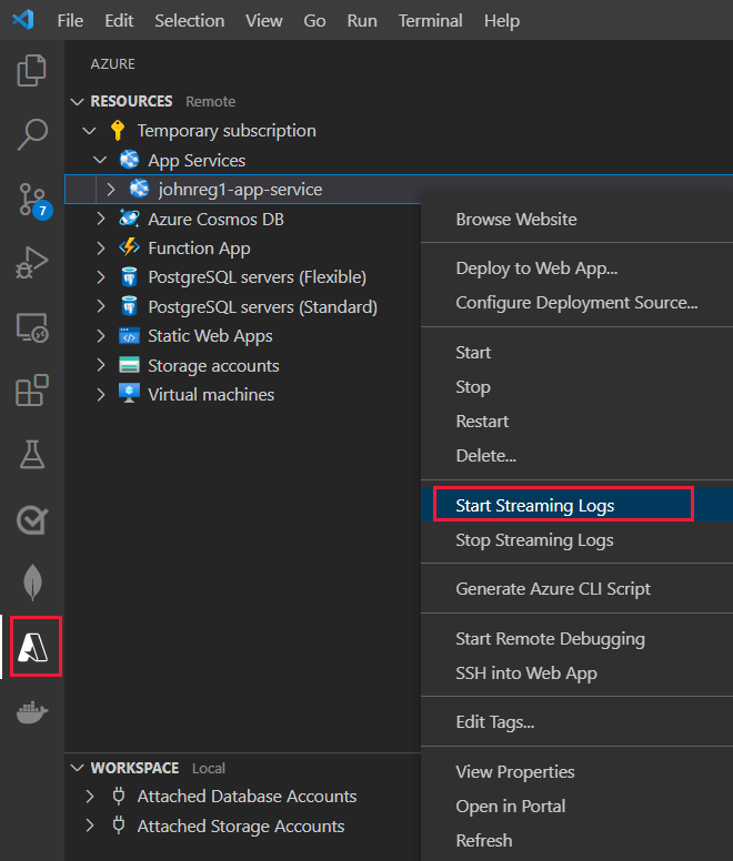 Stream logs from a containerized  app from Visual Studio Code -  Azure | Microsoft Learn