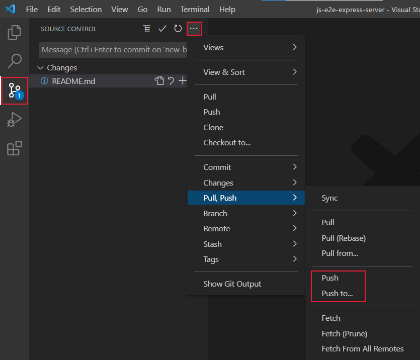 Visual Studio Code source control, with the push icon highlighted.