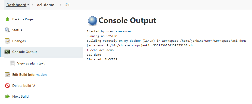 "Console Output" view the build output from the console in the builds output