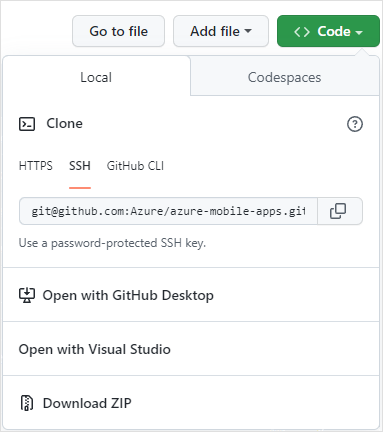 Screenshot of the Code menu on GitHub.