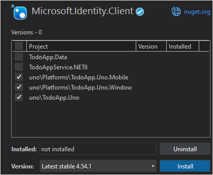Screenshot of selecting the MSAL NuGet in Visual Studio.