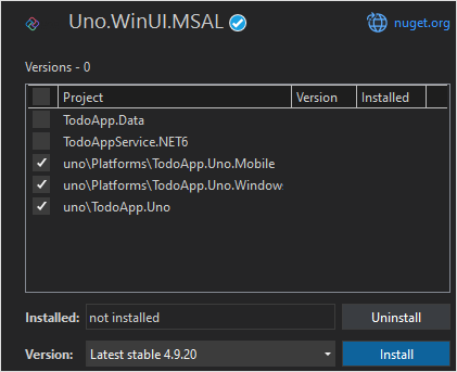 Screenshot of selecting the Uno MSAL NuGet in Visual Studio.