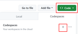 Screenshot showing how to create a codespace from the GitHub repo.