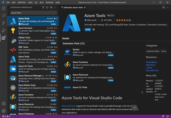 Screenshot of the Visual Studio Code showing extensions panel searching for the Azure Tools extension pack.