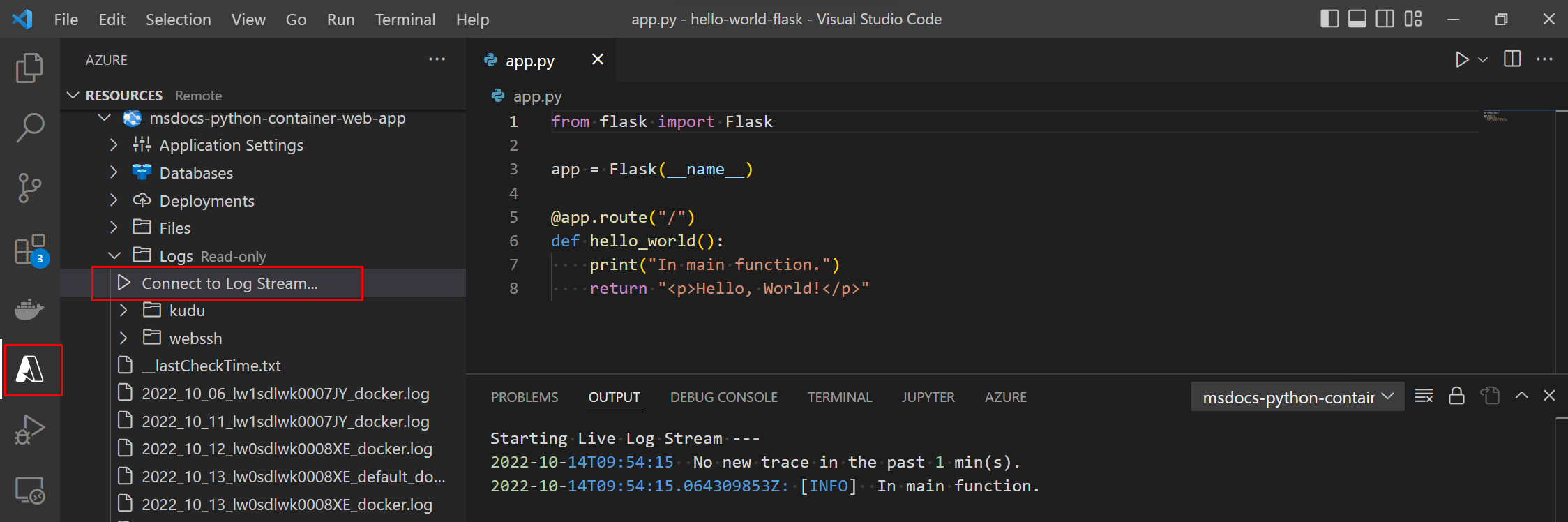 Screenshot showing how to view logs in VS Code for Web Apps for Containers.