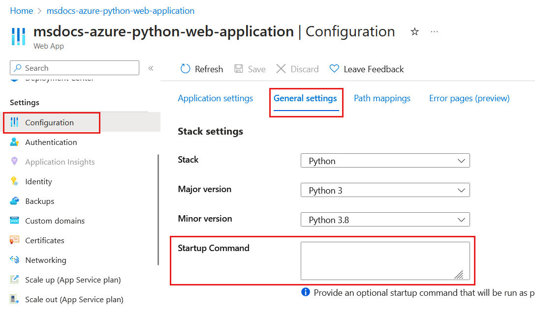 Setting the Startup Command file name in the Azure portal