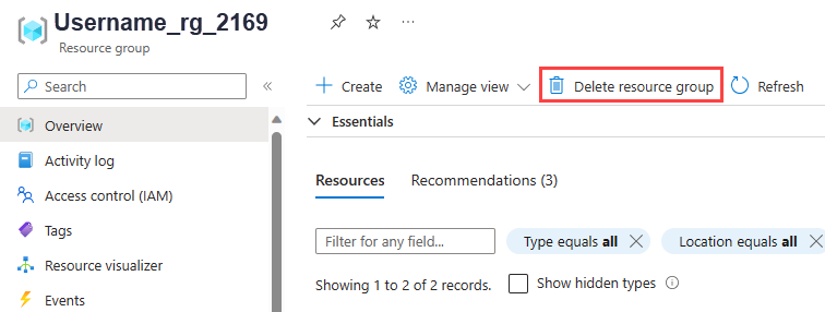 Screenshot showing how to delete a resource group in Azure portal.