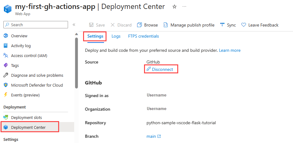 Screenshot showing how to disconnect GitHub actions from an App Service in Azure portal.
