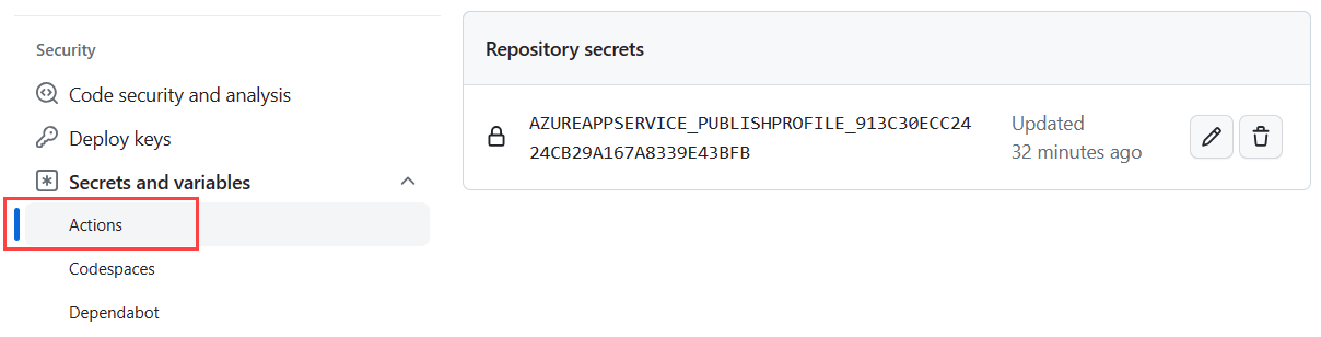 Screenshot showing how to view action secrets in GitHub.