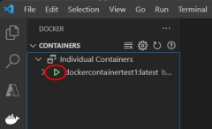 A screenshot showing how to confirm a Docker container is running in Visual Studio Code.