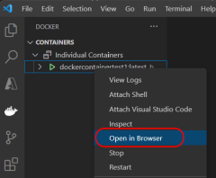 A screenshot showing how to browse the endpoint of a Docker container in Visual Studio Code.