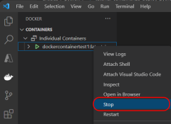 A screenshot showing how to stop a running Docker container in Visual Studio Code.