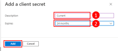 A screenshot showing the page where a new client secret is added for the application service principal create by the app registration process.