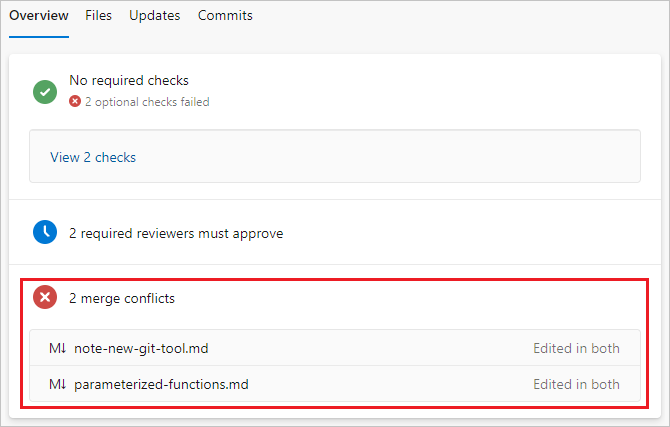 Screenshot that shows merge conflicts on the Overview tab of a P R.