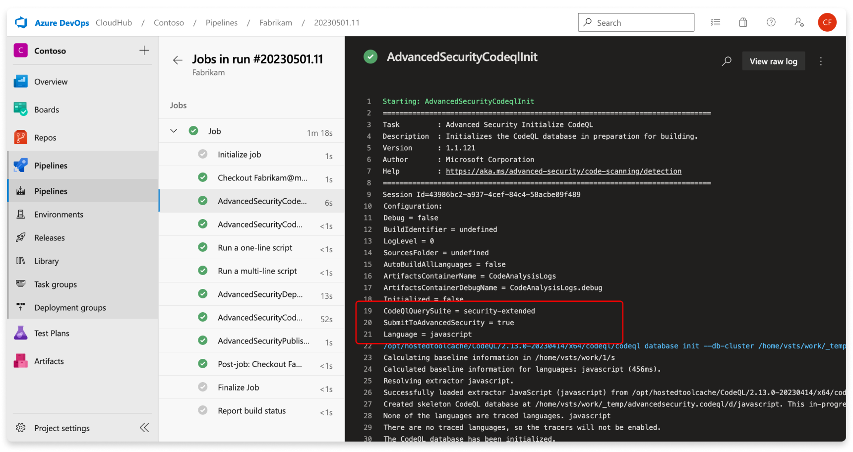 Screenshot of code scanning publish results task.