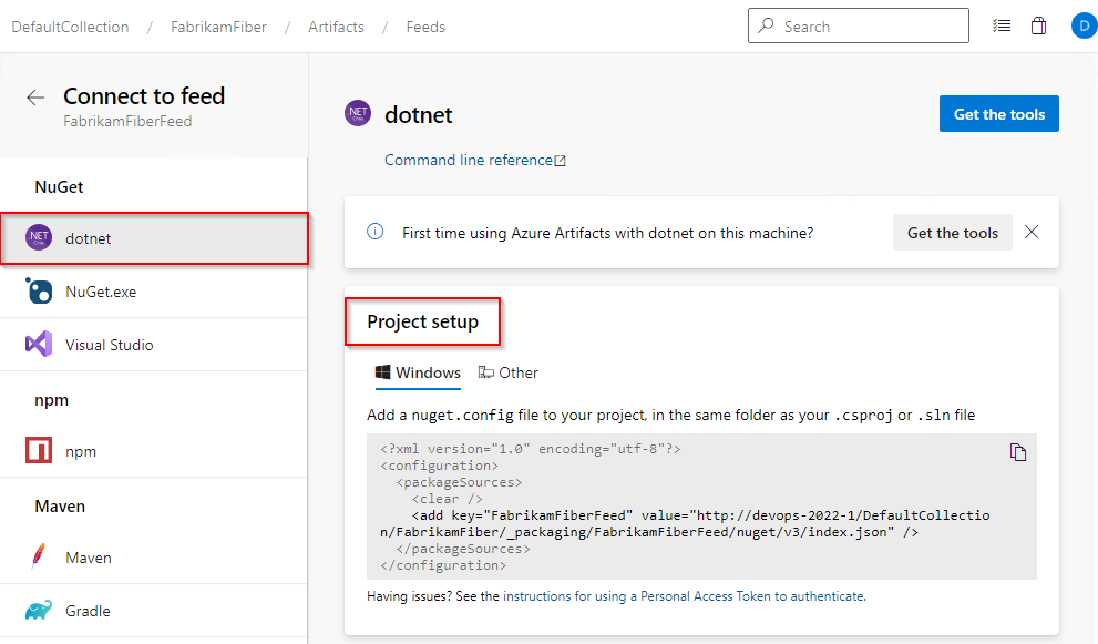 A screenshot showing how to connect to a feed with dotnet in Azure DevOps Server 2020 and 2022.