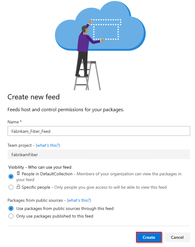 Screenshot that shows selections for creating a new feed in Azure DevOps 2019.