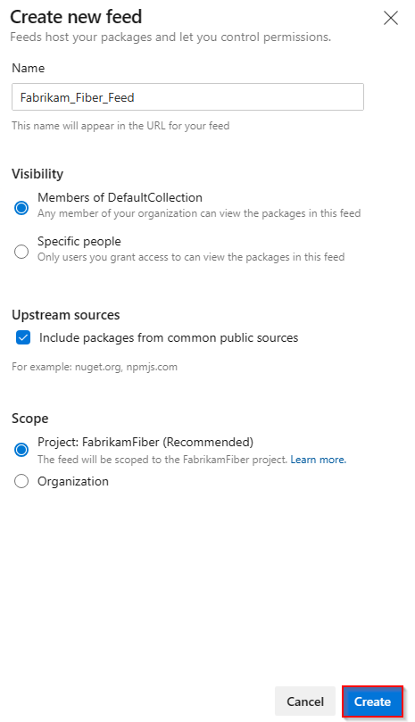 Screenshot that shows selections for creating a new feed in Azure DevOps 2020.